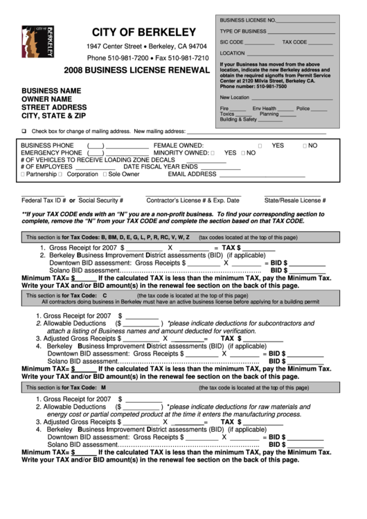 2008 Business License Renewal Form City Of Berkeley California 