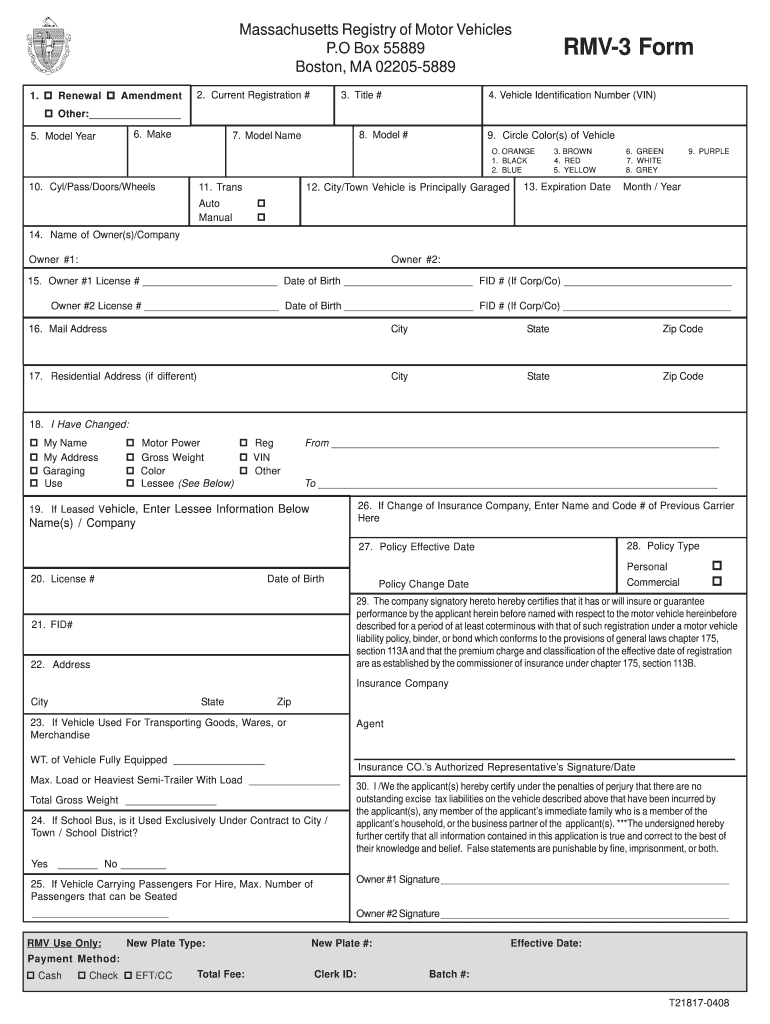 2008 Form MA RMV 3 Fill Online Printable Fillable Blank PdfFiller