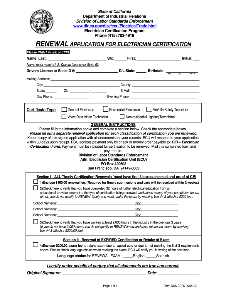 2012 CA DLSE ECF6 Formerly DAS ECF6 Fill Online Printable Fillable 