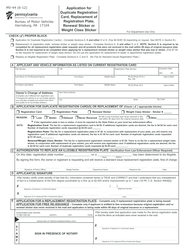 2012 Form PA MV 44 Fill Online Printable Fillable Blank PDFfiller