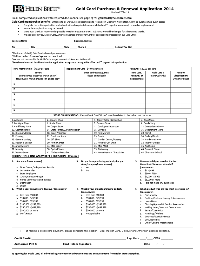 2014 Form Helen Brett Gold Card Purchase Renewal Application Fill 