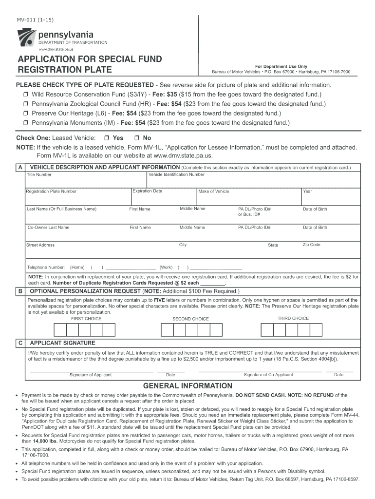 2015 Form PA MV 911 Fill Online Printable Fillable Blank PdfFiller