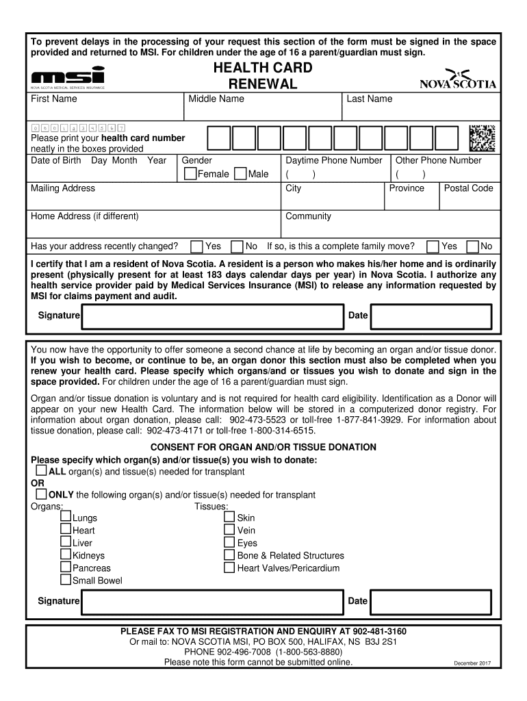 2017 Form Nova Scotia Health Card Renewal Fill Online Printable