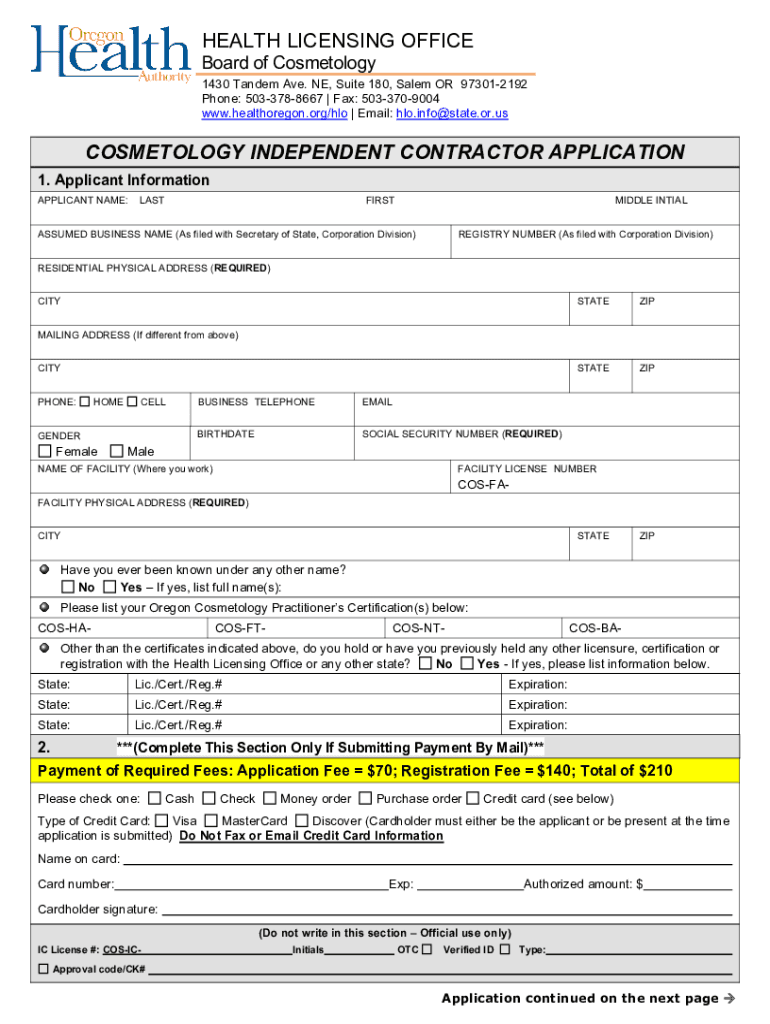 2021 Form OR Cosmetology Independent Contractor Application Fill Online 