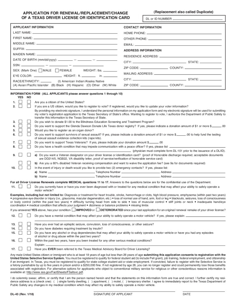 Application For Renewal Replacement Change Of A Texas Driver License Or