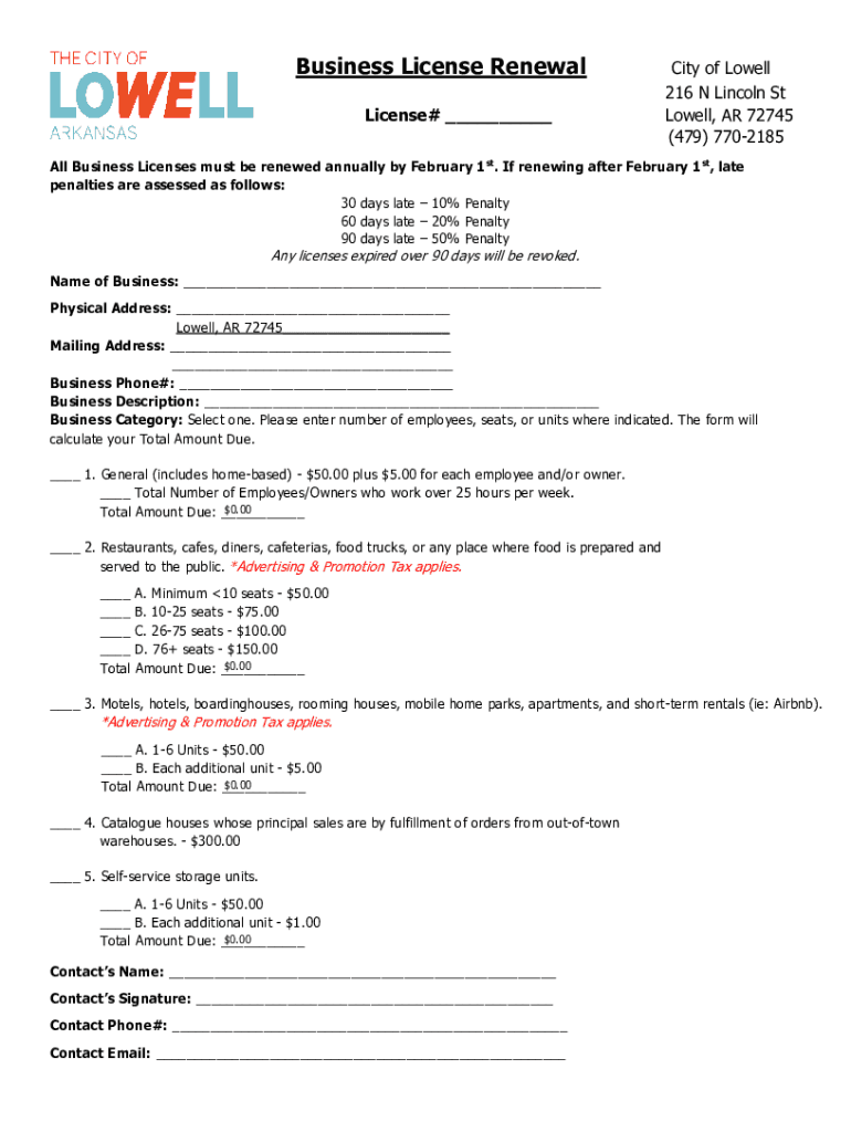 AR Business License Renewal City Of Lowell 2020 2022 Fill And Sign