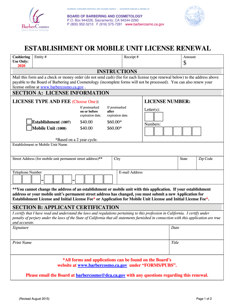 CA Establishment Or Mobile Unit License Renewal 2015 Fill And Sign 