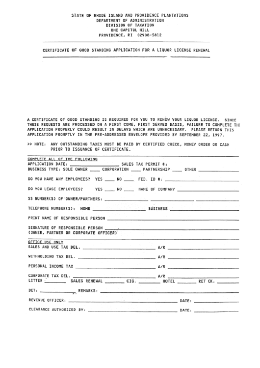 Certificate Of Good Standing Application For A Liquor License Renewal 