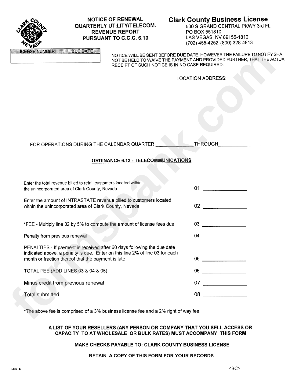 Clark County Business License Form Notice Of Renewal Printable Pdf