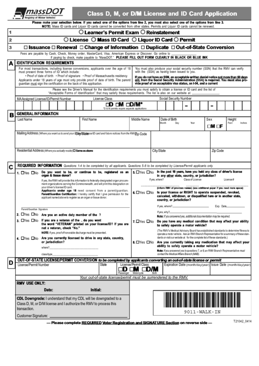 Class D M Or D m License And Id Card Application Form Printable Pdf 