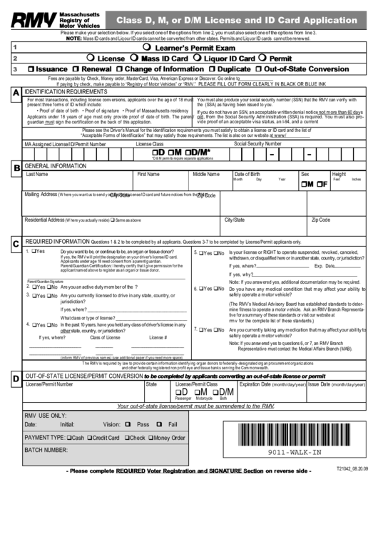 Class D M Or D m License And Id Card Application Form Printable Pdf 