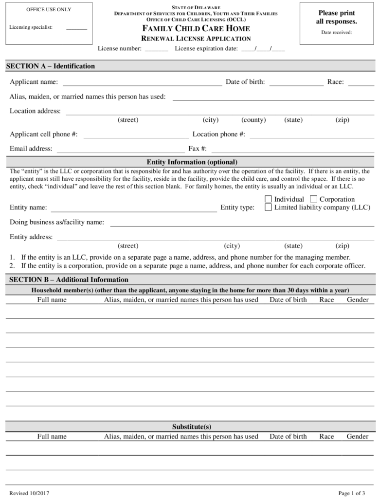 Delaware Family Child Care Home Renewal License Application Form 