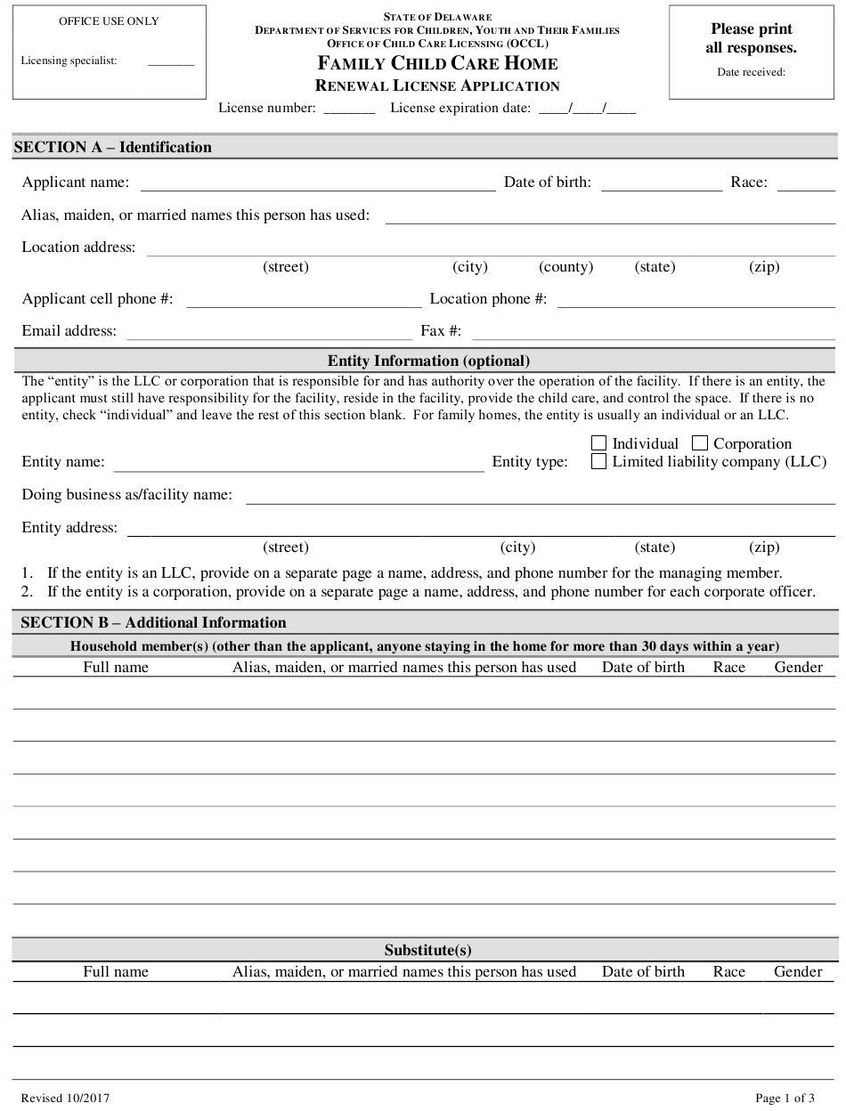 Delaware Family Child Care Home Renewal License Application Form 