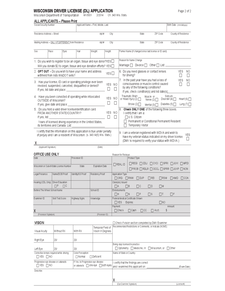 Driver License DL Application Form Wisconsin Free Download