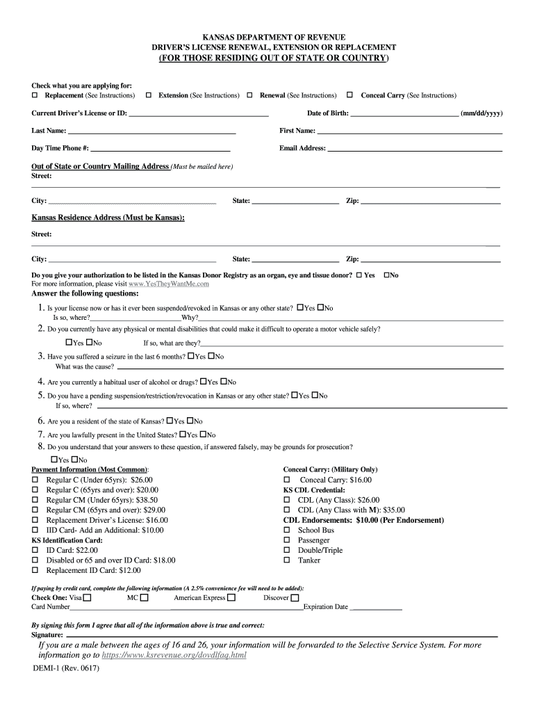 Driver s License Renewal Extension Or Replacement Kansas Form 2017 