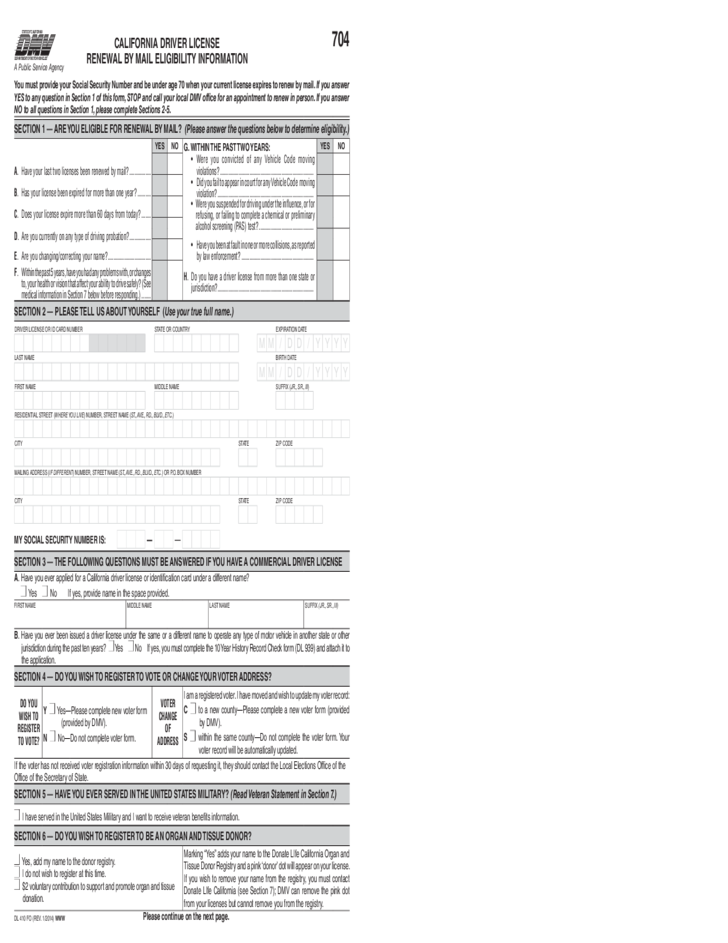 Driving Licence Renewal Form California Free Download