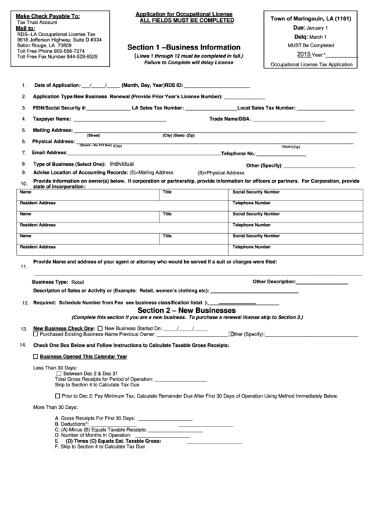 Fillable Application For Occupational License Town Of Maringouin La 