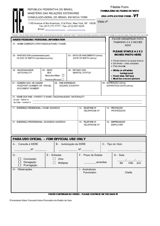 Fillable Consulate General Of Brazil In New York Visa Application 