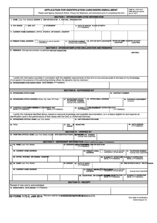 Fillable Dd Form 1172 2 Application For Identification Card deers 