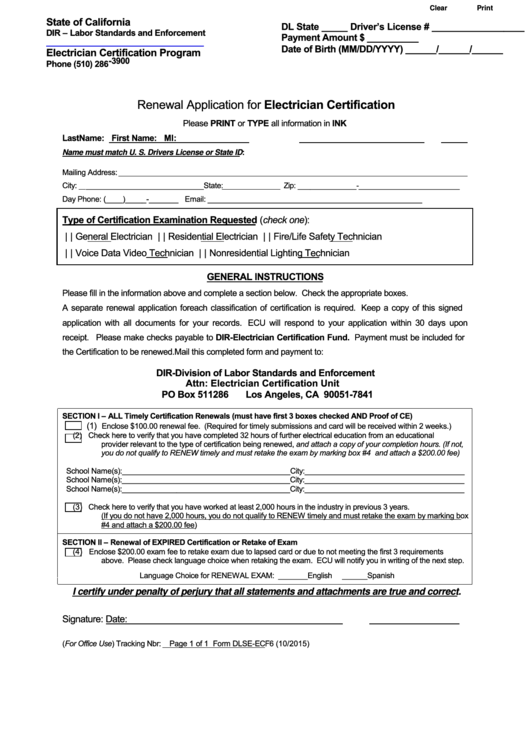 Fillable Form Dlse Ecf6 Renewal Application For Electrician