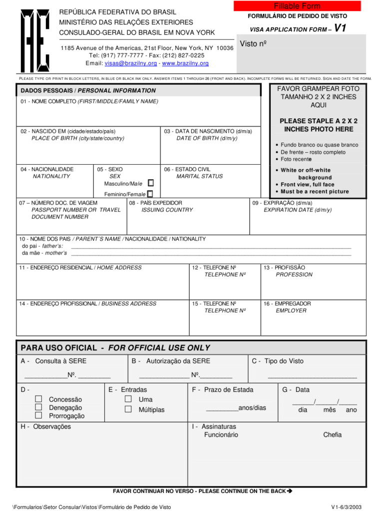 Form 1 Download Fillable PDF Or Fill Online Brazilian Visa Application 