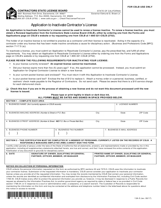 Form 13A 5 Download Printable PDF Application To Inactivate Contractor 