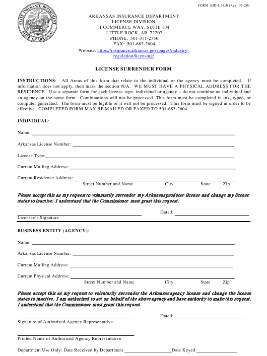 Form AID LI LS Download Printable PDF Or Fill Online License Surrender 