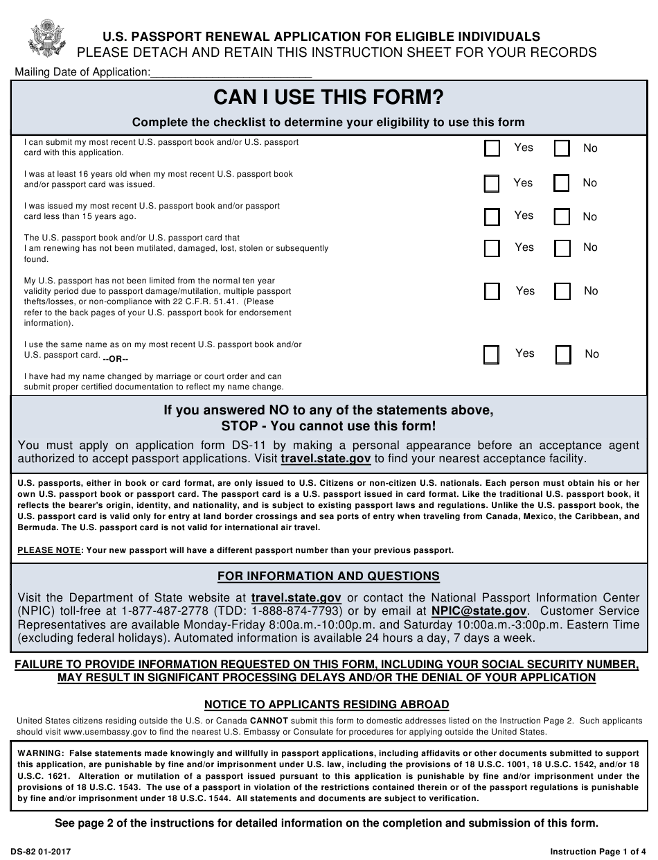 Form DS 82 Download Printable PDF Or Fill Online U S Passport Renewal 