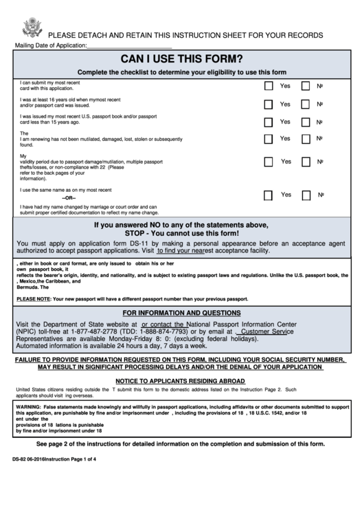 Form Ds 82 U s Passport Renewal Application For Eligible Individuals