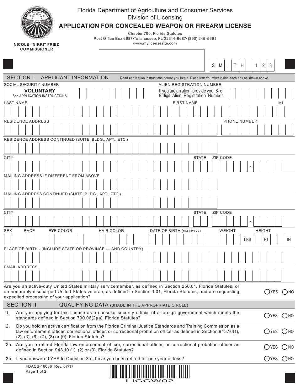 Form FDACS 16036 Download Printable PDF Or Fill Online Application For 