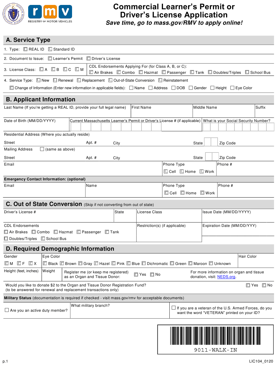 Form LIC104 Download Fillable PDF Or Fill Online Commercial Learner s 