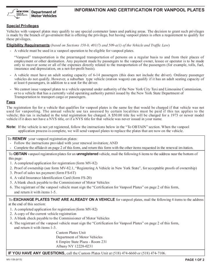 Form MV 109 Information And Certification For Vanpool Plates New 