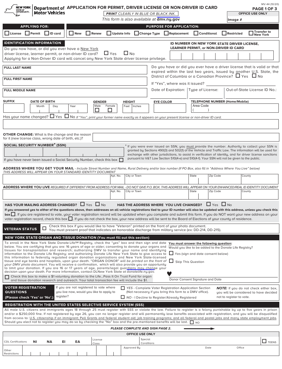 Form MV 44 Download Fillable PDF Or Fill Online Application For Permit 