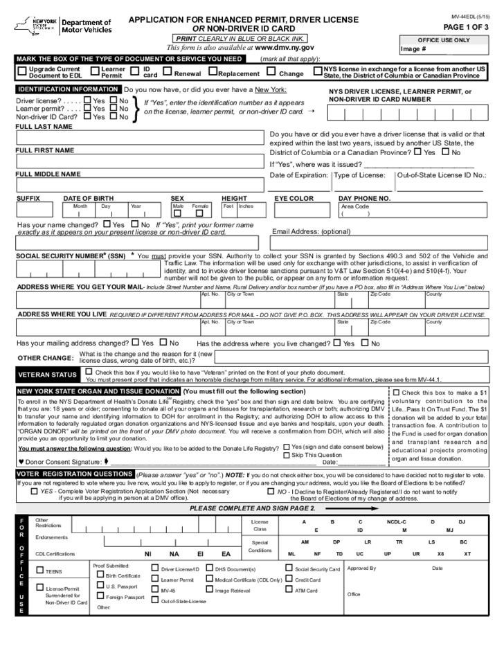 Form MV 44EDL Application For Enhanced Permit Driver License Or Non 