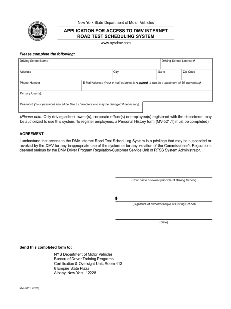 Form MV 522 1 Application For Access To DMV Internet Road Test 