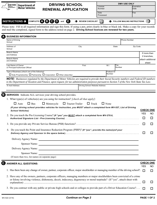 Form MV 522 Download Fillable PDF Or Fill Online Driving School Renewal