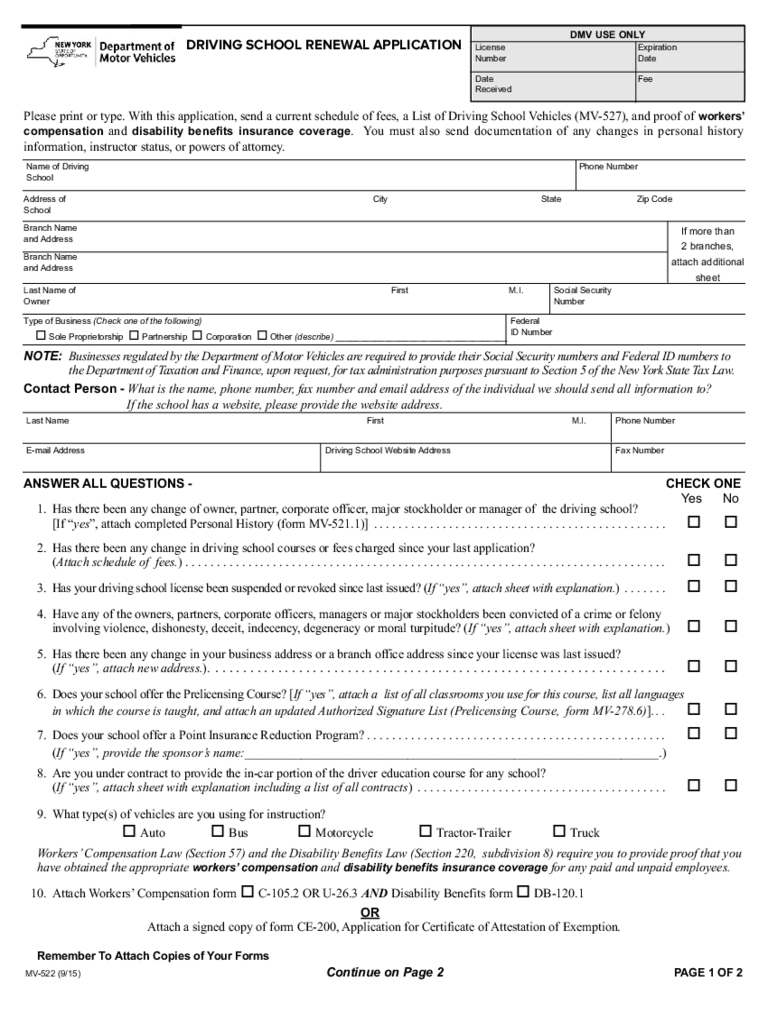 Form MV 522 Driving School Renewal Application New York Edit 