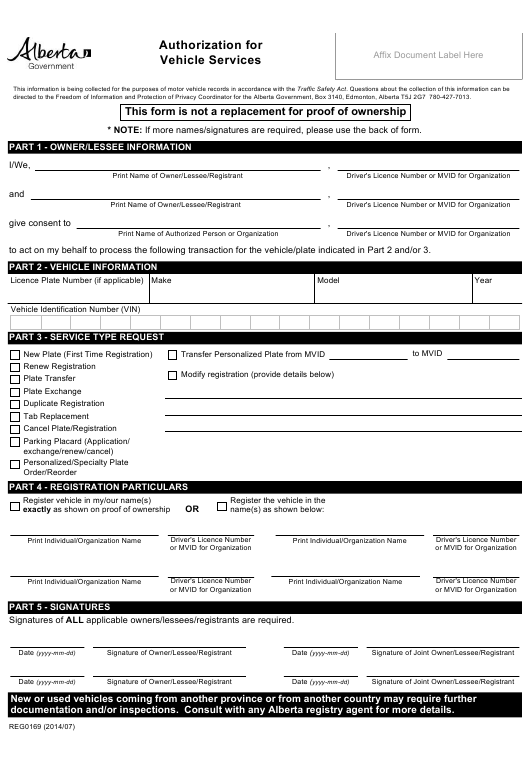 Form REG0169 Download Fillable PDF Or Fill Online Authorization For 