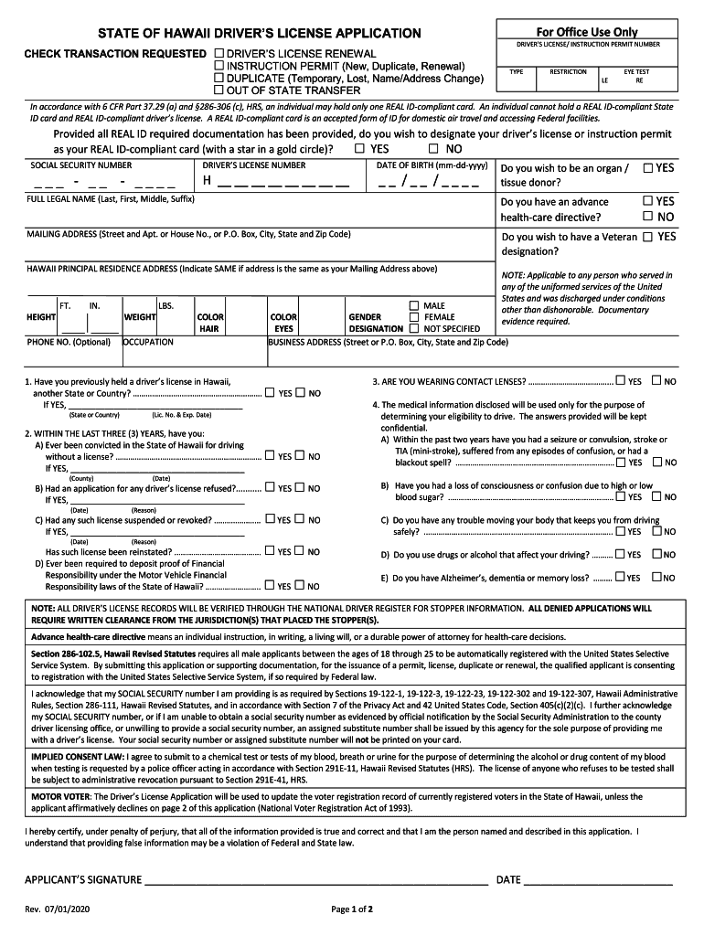 HI Driver License Application 2020 2021 Fill And Sign Printable