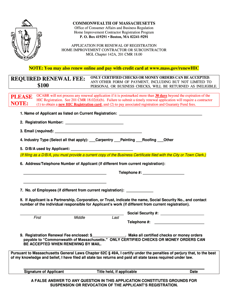 Ma Renewal Contractor Fill Online Printable Fillable Blank PdfFiller