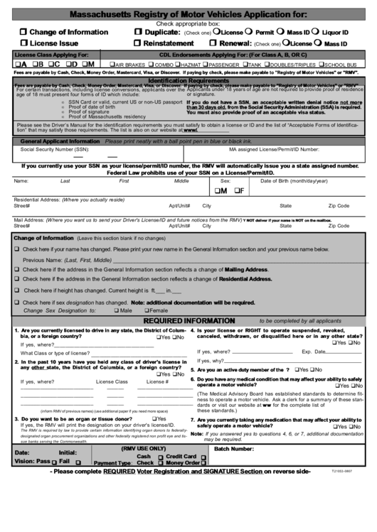 Massachusetts Registry Of Motor Vehicles Application Form Printable Pdf 