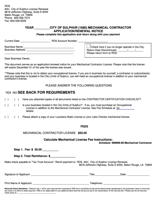 Mechanical Contractor Application renewal Notice City Of Sulphur 