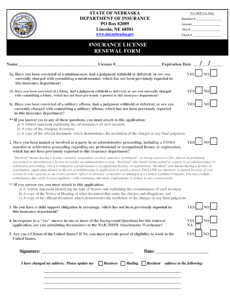 Nebraska Insurance License Renewal Form Download Fillable PDF 