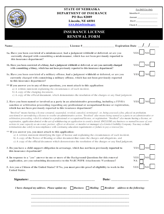 Nebraska Insurance License Renewal Form Download Fillable PDF