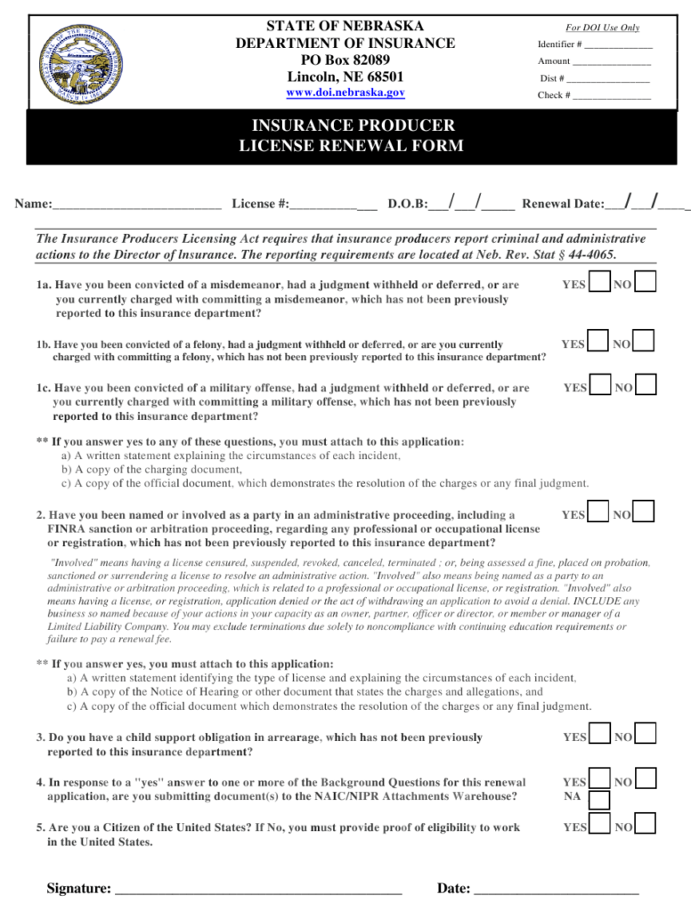 Nebraska Insurance Producer License Renewal Form Download Fillable PDF 