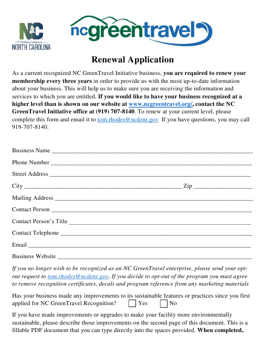 North Carolina Renewal Application Form North Carolina Green Travel 