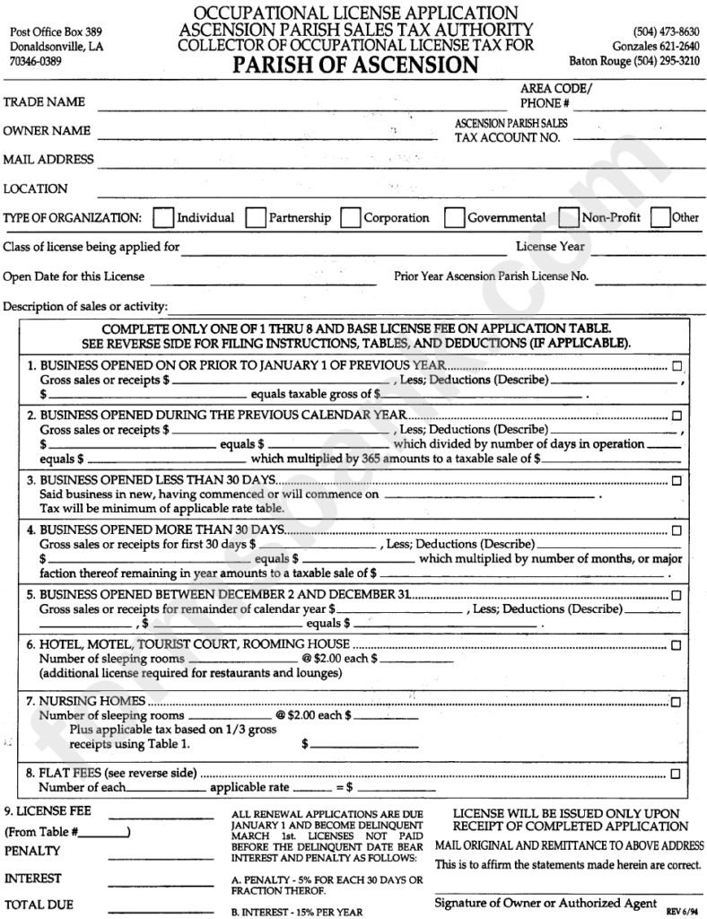 Occupational License Application Form Ascension Parish Sales Tax 