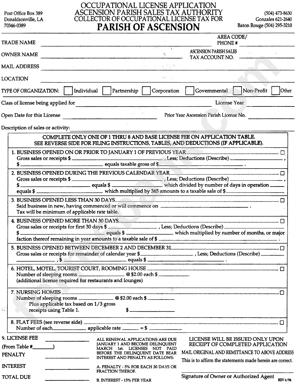 Occupational License Application Form Ascension Parish Sales Tax 