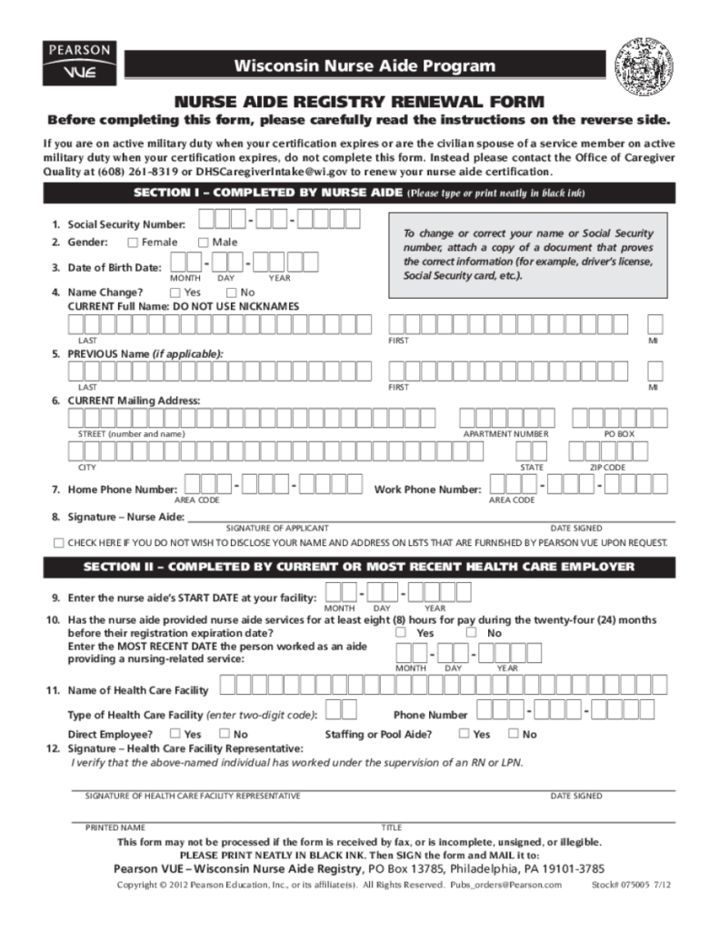 Pearson Vue Cna License Renewal Wisconsin Printable Blank PDF Online