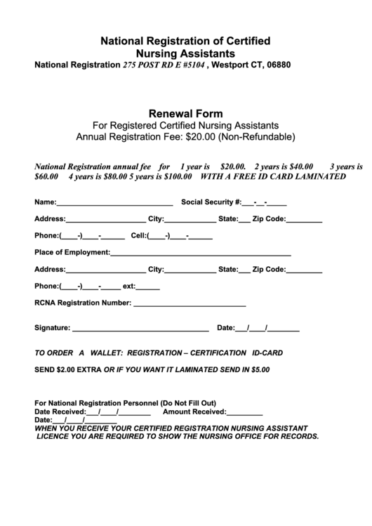 Renewal Form For Registered Certified Nursing Assistants Printable Pdf 